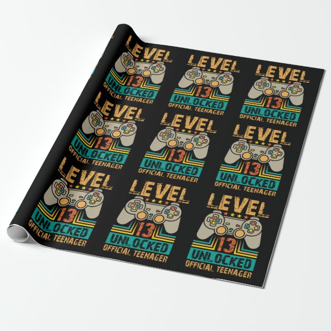 Papel De Regalo 13th Birthday Gift Boys Level 13 Unlocked Official (Desenrollado)