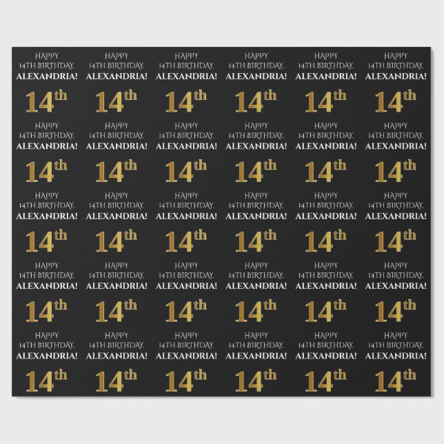 Papel De Regalo 14.º cumpleaños: Elegante, negro, falso dorado loo (Superficie plana)