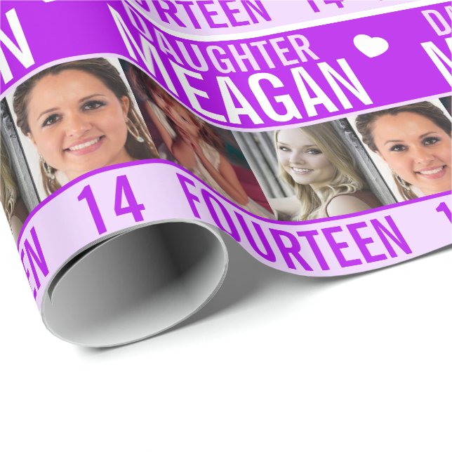 Papel De Regalo 14 años tres fotos hija morada (Esquina del rollo)