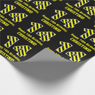Papel De Regalo "14" rayado negro y amarillo; 14to Cumpleaños +