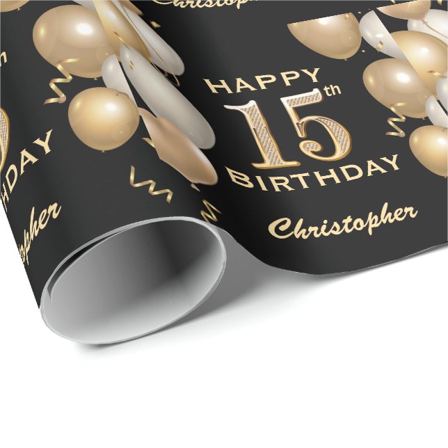 Papel De Regalo 15.º cumpleaños Globos Purpurinas de oro y negro (Esquina del rollo)