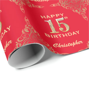 Papel De Regalo 15.º marco Purpurina rojo y dorado