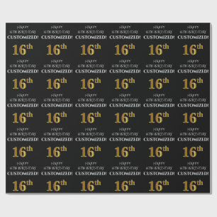 Papel De Regalo 16º cumpleaños: Elegante, negro, falso dorado