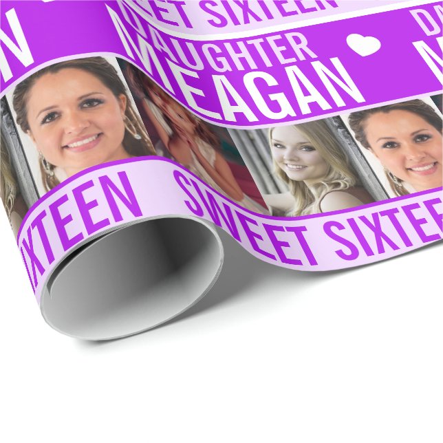 Papel De Regalo 16 años tres fotos hija morada (Esquina del rollo)