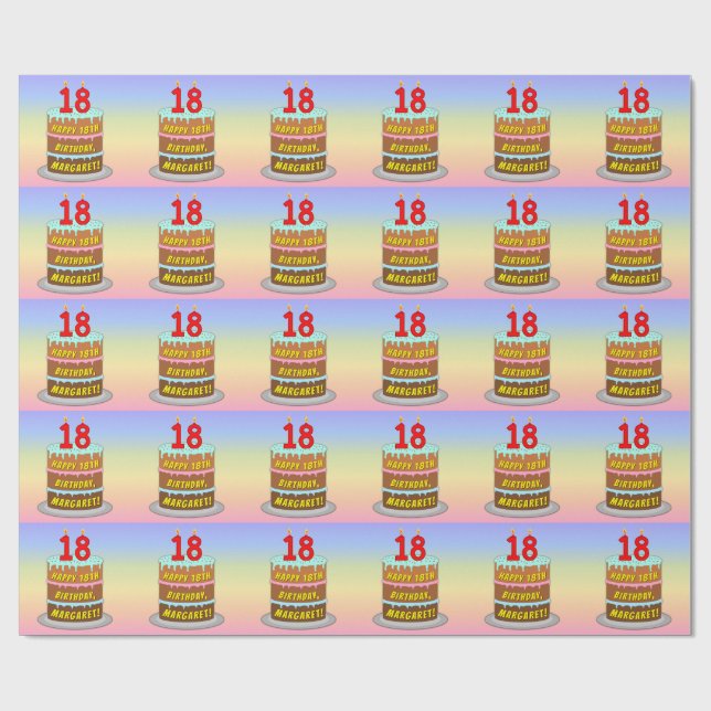 Papel De Regalo 18 Aniversario: Torta y velas divertidas + nombre  (Superficie plana)