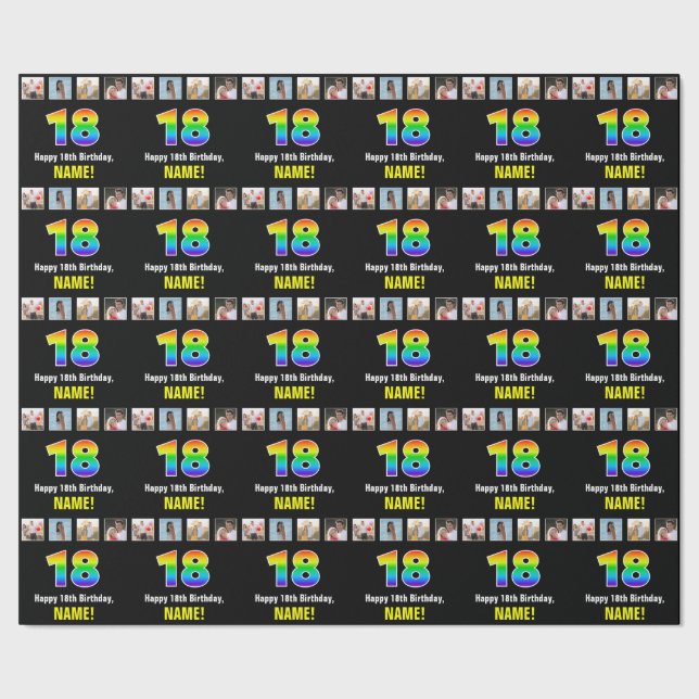 Papel De Regalo 18° cumpleaños: Arcoiris "18"; fotos y nombre de P (Costura)