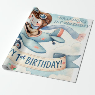 Papel De Regalo 1.ª acuarela del niño del avión de cumpleaños