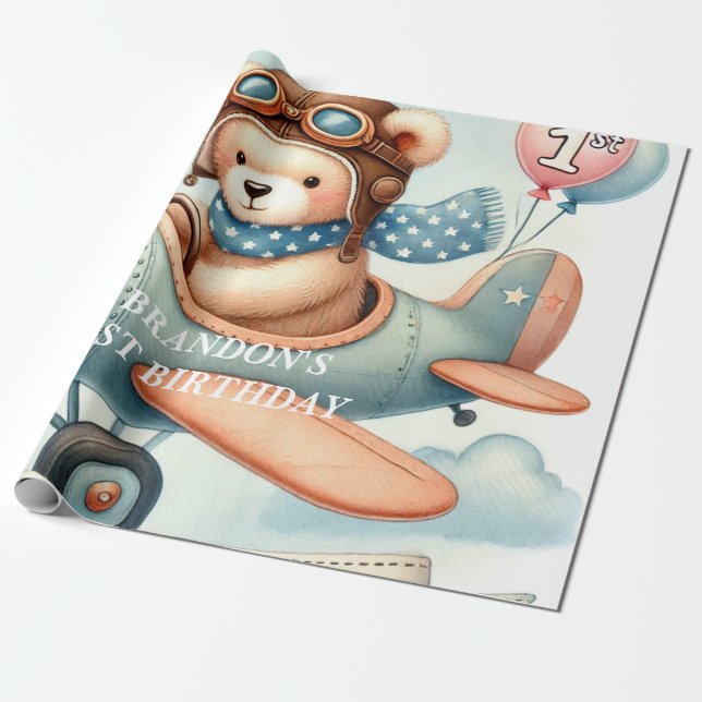 Papel De Regalo 1.ª acuarela del niño del avión de cumpleaños (Desenrollado)