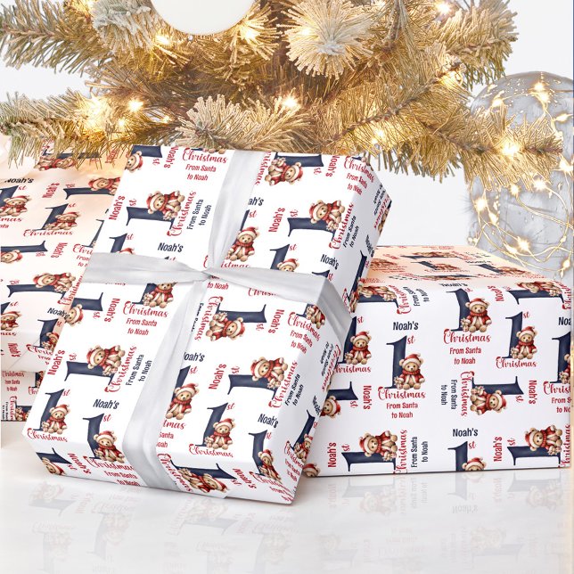 Papel De Regalo 1.ª Navidad Teddy Bear Nombre Bebé Niño Rojo Azul (1st Christmas Teddy Bear Name Baby Boy Red Blue Wrapping Paper)