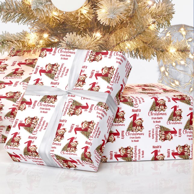 Papel De Regalo 1.ª Navidad Teddy Bear Nombre Texto Árbol de Navid (1st Christmas Teddy Bear Name Text Christmas Tree Wrapping Paper)