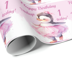 Papel De Regalo 1.ᵉʳ cumpleaños Penguin Ballerina Rosa
