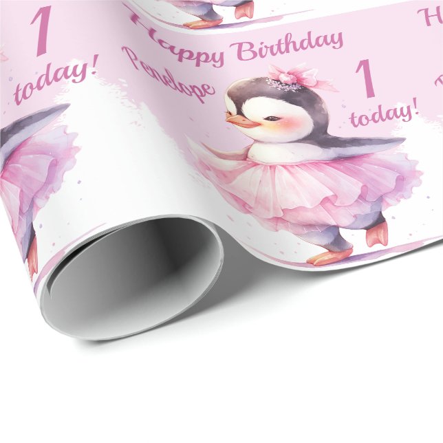 Papel De Regalo 1.ᵉʳ cumpleaños Penguin Ballerina Rosa (Esquina del rollo)