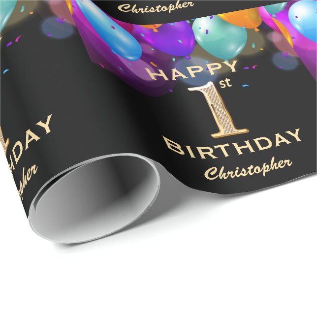 Papel De Regalo 1.ᵉʳ Fiesta de cumpleaños Globos de oro y negro (Esquina del rollo)