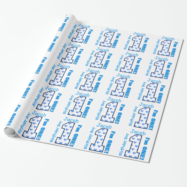 Papel De Regalo 1r Corazones azules del muchacho del cumpleaños un (Desenrollado)
