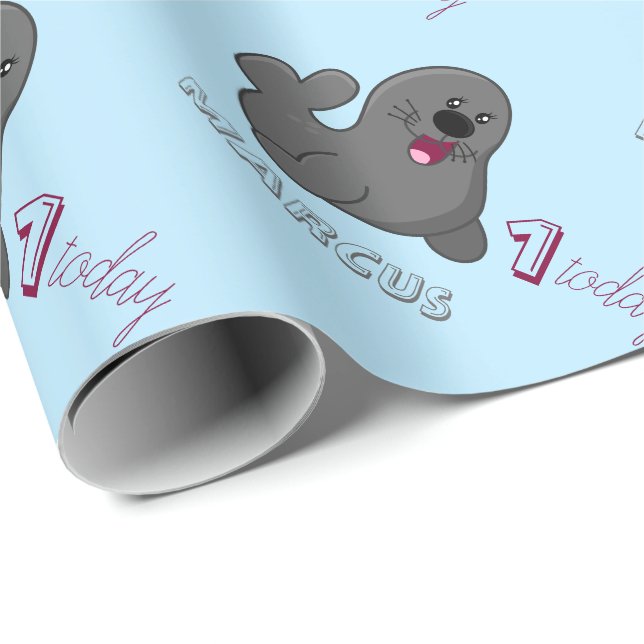 Papel De Regalo 1r león marino personalizado del cumpleaños - cría (Esquina del rollo)