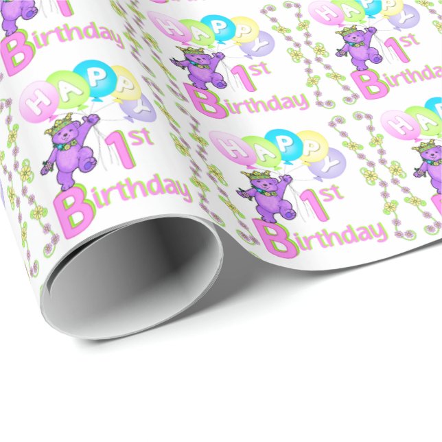 Papel De Regalo 1r Osos púrpuras de la princesa peluche del (Esquina del rollo)
