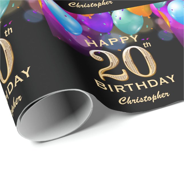 Papel De Regalo 20.ª fiesta de cumpleaños Globos de oro y negro (Esquina del rollo)