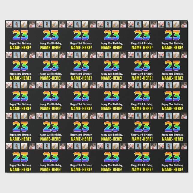 Papel De Regalo 23° cumpleaños: Arcoiris "23"; fotos y nombre de P (Costura)
