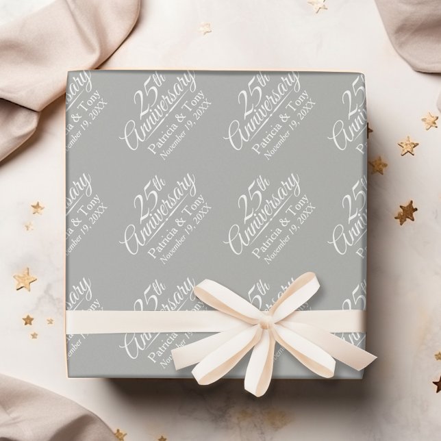 Papel De Regalo 25° Aniversario del Boda - Fondo gris (Personalized Wedding Anniversary Wrapping Paper)