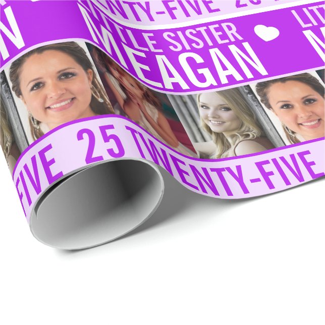 Papel De Regalo 25 años tres fotos hermana morada (Esquina del rollo)