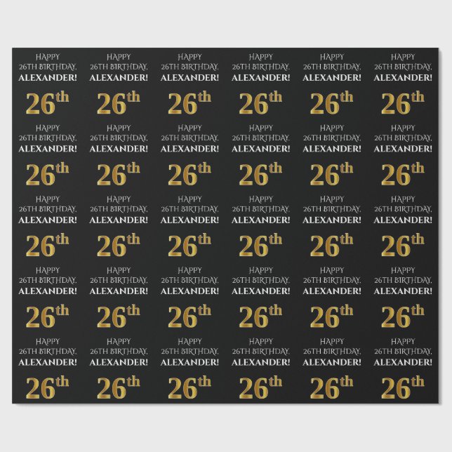 Papel De Regalo 26º cumpleaños: Elegante, negro, falso dorado look (Superficie plana)