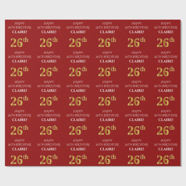 Papel De Regalo 26 Aniversario: Elegante, Rojo, Faux Gold Look (Superficie plana)