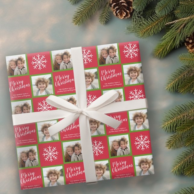 Papel De Regalo 2 Foto: Green Red Merry Christmas Snflakes (Personalized wrapping paper with 2 photos)