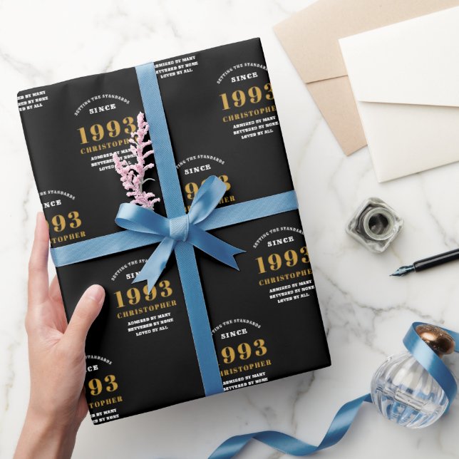Papel De Regalo 30.º cumpleaños 1993 Black Gold Add Name (Regalar)