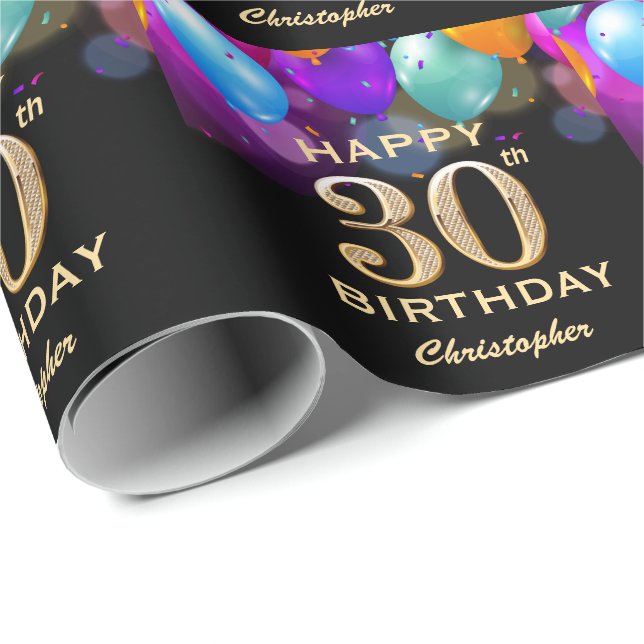 Papel De Regalo 30.º Fiesta de cumpleaños Globos de oro y negro (Esquina del rollo)