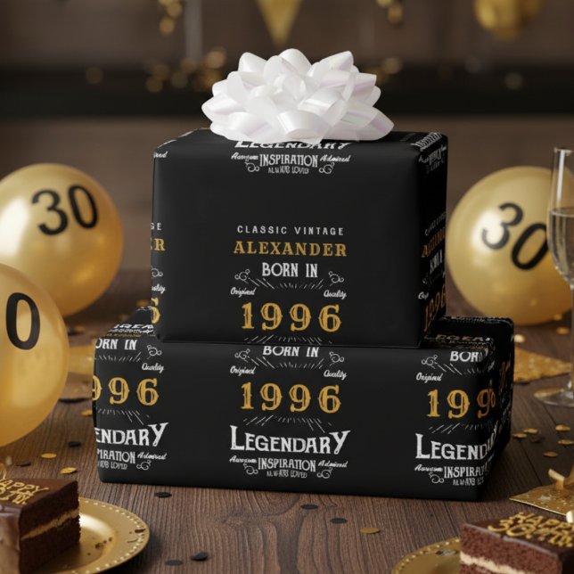 Papel De Regalo 30 cumpleaños 1996 Black Gold Add Name Legendary (1996 wrapping paper in black and gold)