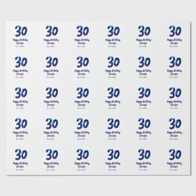 Papel De Regalo 30th birthday add name date year blue sparkle  (Superficie plana)