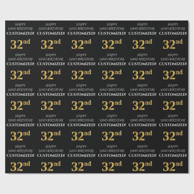 Papel De Regalo 32° cumpleaños: Elegante, negro, falso dorado look (Superficie plana)