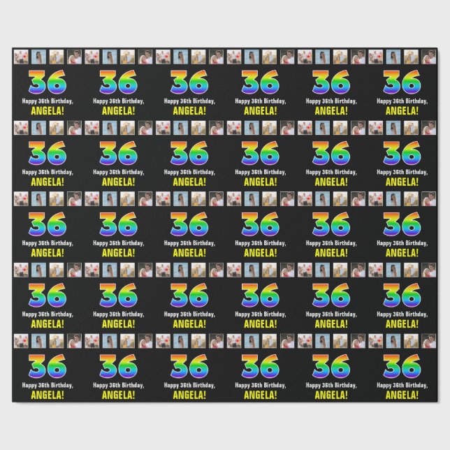 Papel De Regalo 36º cumpleaños: Arcoiris "36"; fotos y nombre de P (Costura)