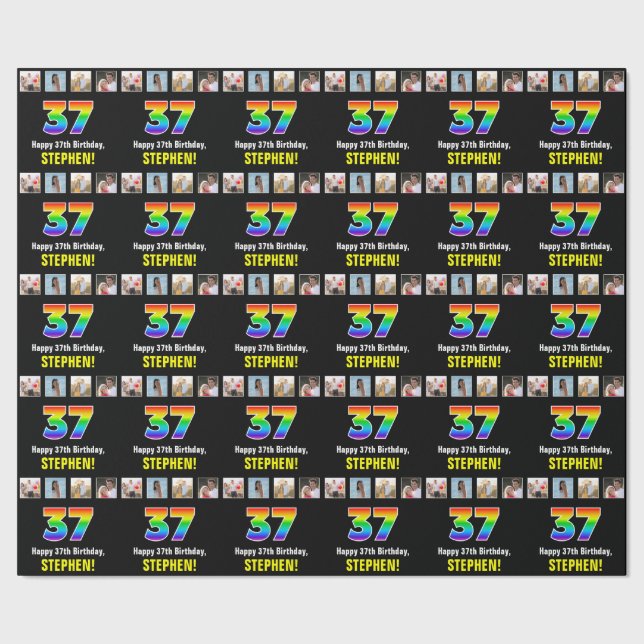 Papel De Regalo 37° cumpleaños: Arcoiris "37"; fotos y nombre de P (Costura)