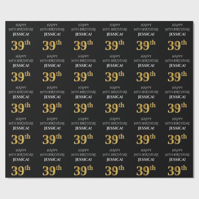 Papel De Regalo 39° cumpleaños: Elegante, negro, falso dorado look (Superficie plana)