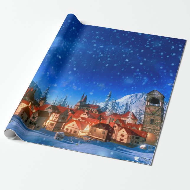 Papel De Regalo 3d ilustracion de pequeño pueblo alpino al amanece (Desenrollado)