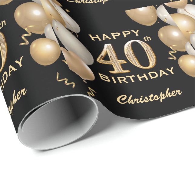 Papel De Regalo 40.º cumpleaños Globos Purpurinas de oro y negro (Esquina del rollo)
