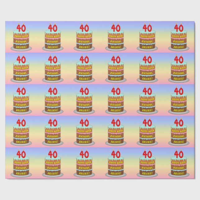 Papel De Regalo 40.º cumpleaños: Torta divertida y velas + nombre  (Costura)
