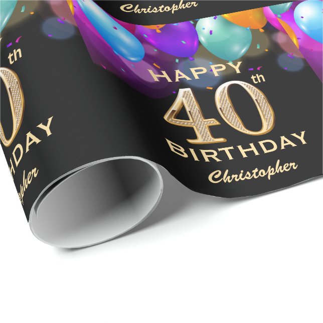 Papel De Regalo 40.º Fiesta de cumpleaños Globos de oro y negro (Esquina del rollo)