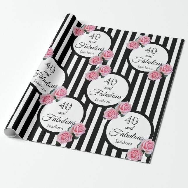 Papel De Regalo 40 fabulosas rosas rosadas rayas blancas negras (Desenrollado)