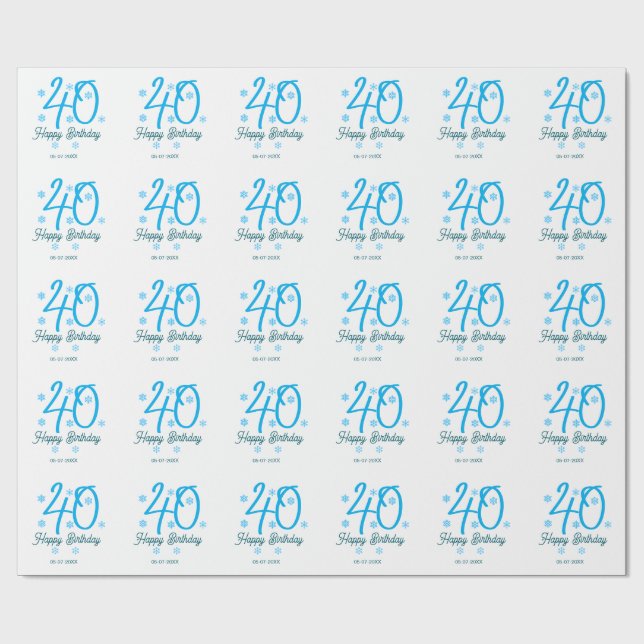 Papel De Regalo 40th birthday add name date year blue template (Superficie plana)