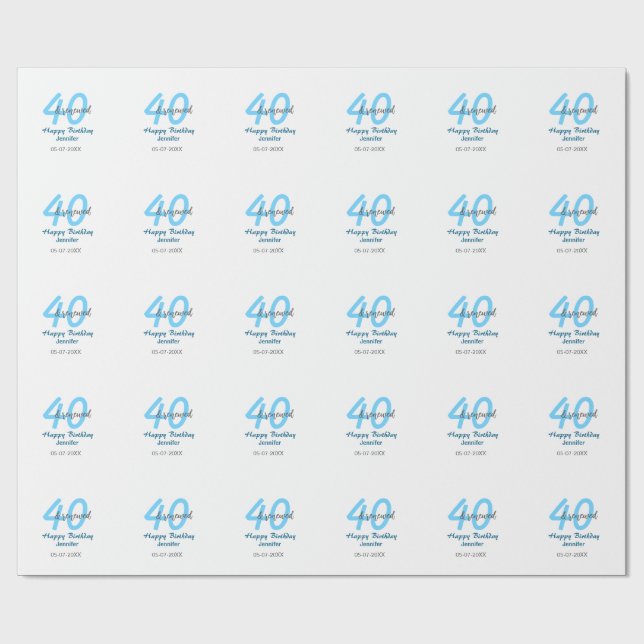 Papel De Regalo 40th & renewed birthday name date blue bold number (Superficie plana)