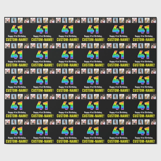 Papel De Regalo 41° cumpleaños: Arcoiris "41"; fotos y nombre de P (Costura)