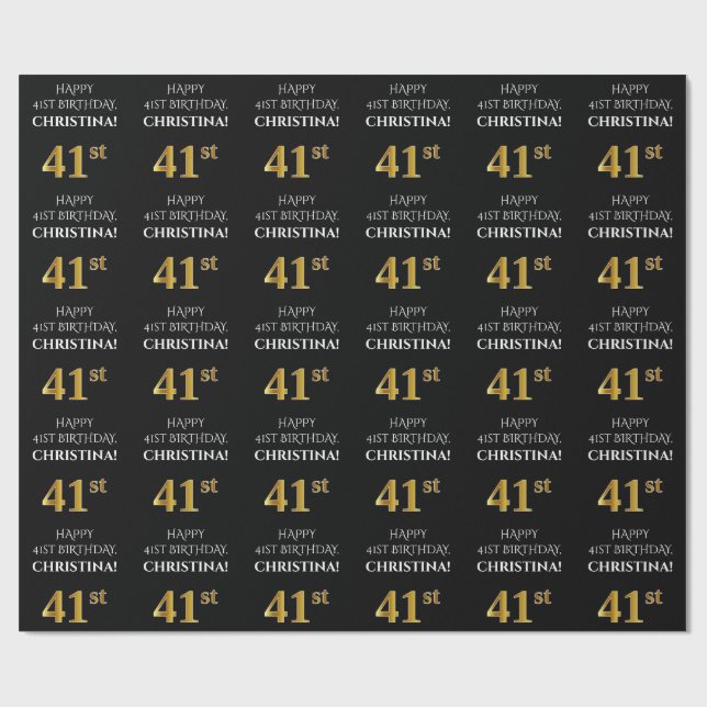 Papel De Regalo 41° cumpleaños: Elegante, negro, falso dorado look (Superficie plana)