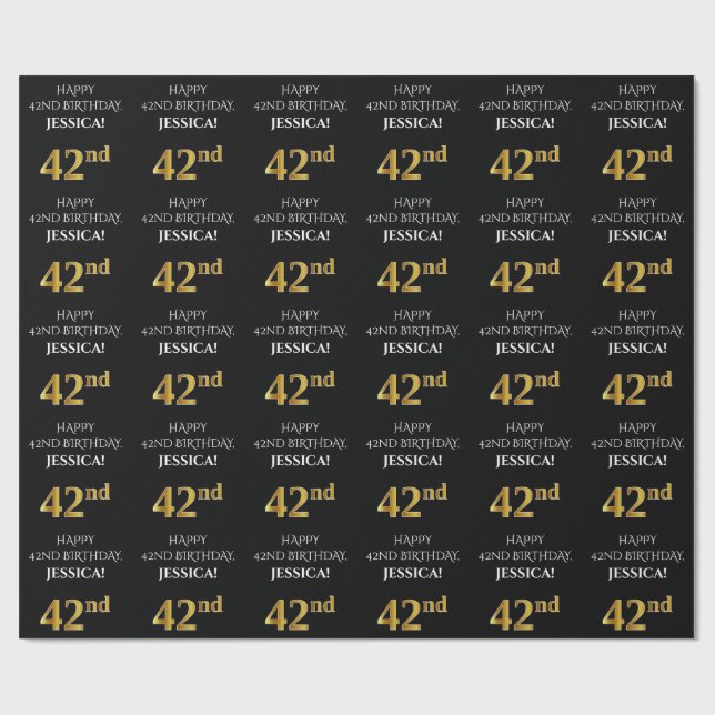 Papel De Regalo 42º cumpleaños: Elegante, negro, falso dorado look (Superficie plana)