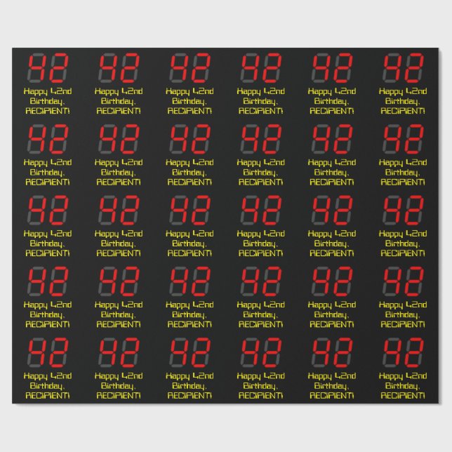 Papel De Regalo 42º cumpleaños: Red Digital Clock Style "42" + Nom (Superficie plana)