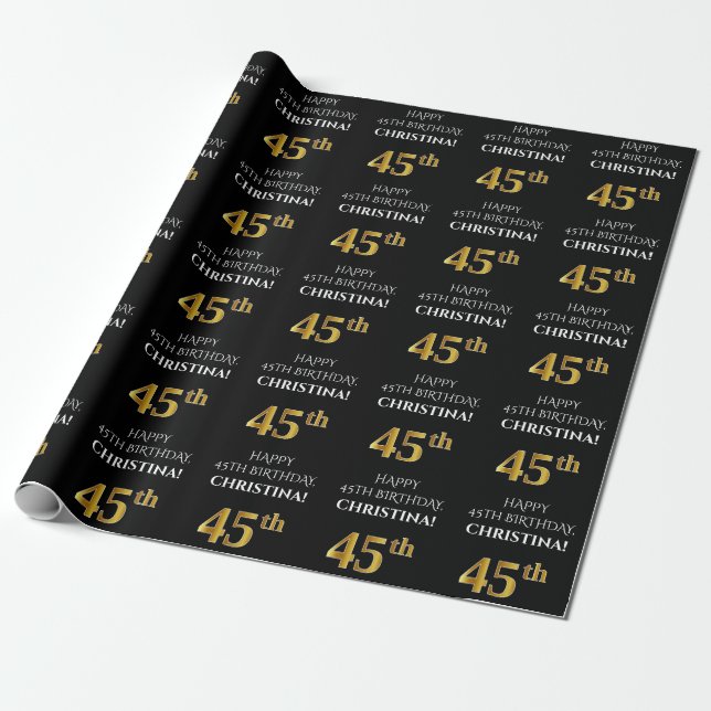 Papel De Regalo 45º cumpleaños: Elegante, negro, falso dorado look (Desenrollado)