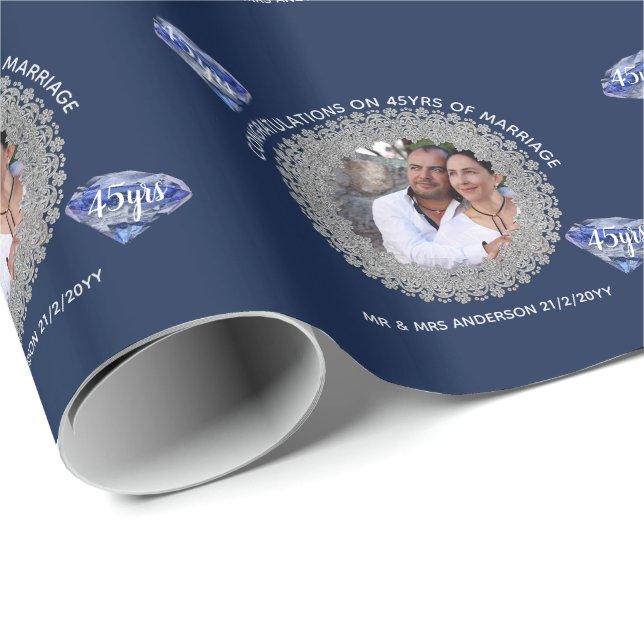 Papel De Regalo 45° Aniversario del Boda - AÑADIR FOTO Azul zafiro (Esquina del rollo)