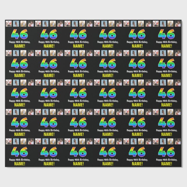 Papel De Regalo 46º cumpleaños: Arcoiris "46"; fotos y nombre de P (Superficie plana)
