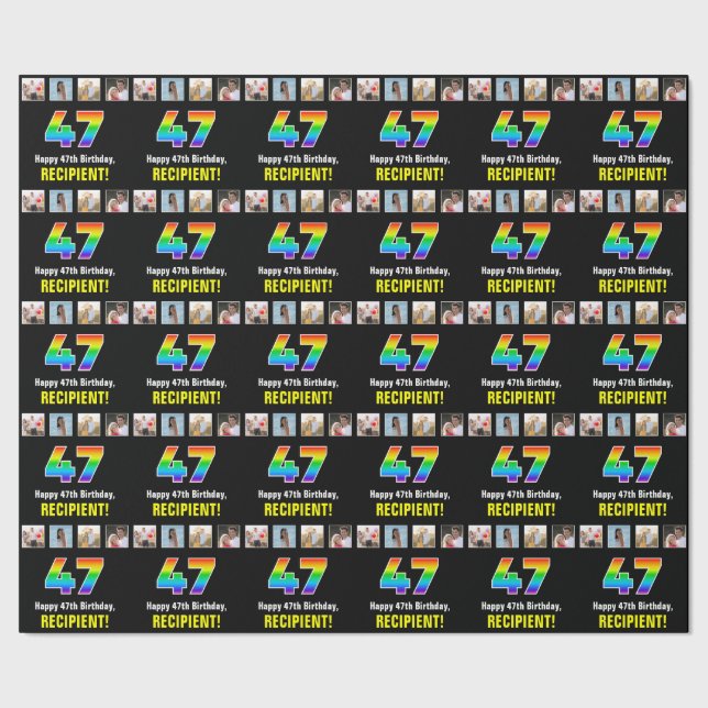 Papel De Regalo 47º cumpleaños: Arcoiris "47"; fotos y nombre de P (Costura)